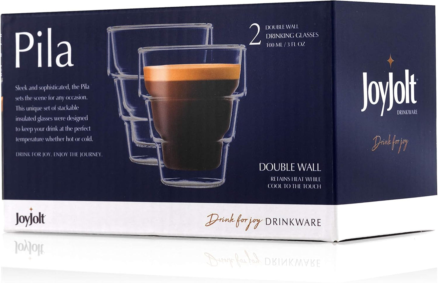 Pila Double Walled Espresso Glasses, Set of 2 Espresso Cups 3 Ounce Capacity. Stackable Thermal Clear Glass Cups, Ideal Fit for Espresso Machine and Coffee Maker