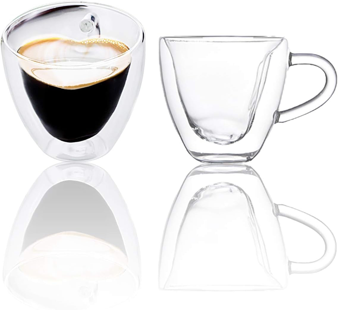 Glass Espresso Cups, Set of 2 5Oz Double Wall Thermo Insulated Glass Espresso Shot Cups Set with Handle, Espresso Mug, Coffee Cups for Espresso and Cappuccino, Great Gift for Coffee Lover