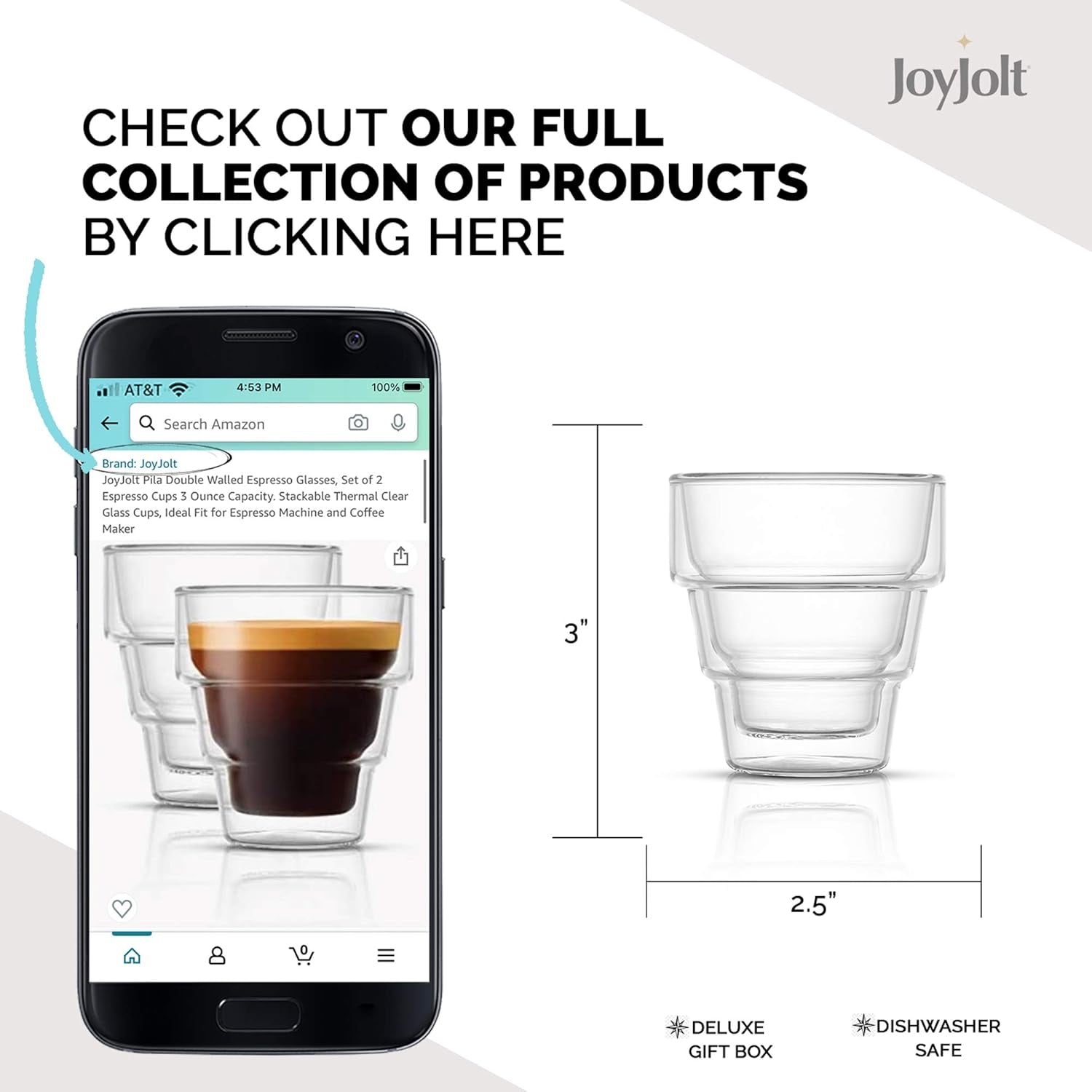 Pila Double Walled Espresso Glasses, Set of 2 Espresso Cups 3 Ounce Capacity. Stackable Thermal Clear Glass Cups, Ideal Fit for Espresso Machine and Coffee Maker