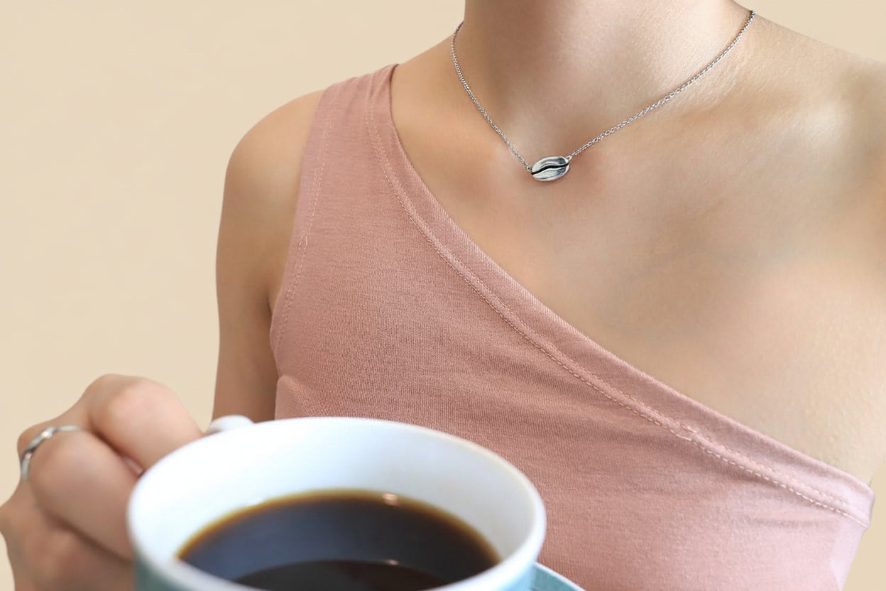 Quan Jewelry Coffee Bean Pendant Necklace and Ring, Handmade Gifts for Caffeine Lovers, Featuring Coffee Bean Charm, Comes with Quote Card, Gifts for Good Friends and Family (Silver Tone)