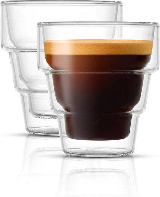 Pila Double Walled Espresso Glasses, Set of 2 Espresso Cups 3 Ounce Capacity. Stackable Thermal Clear Glass Cups, Ideal Fit for Espresso Machine and Coffee Maker