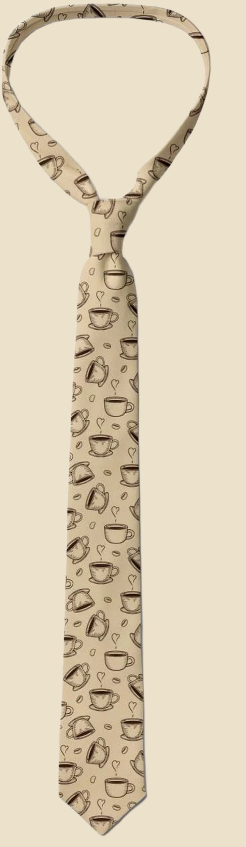Necktie, Sketchy Coffee Cups Beans, 3.7", Beige Brown