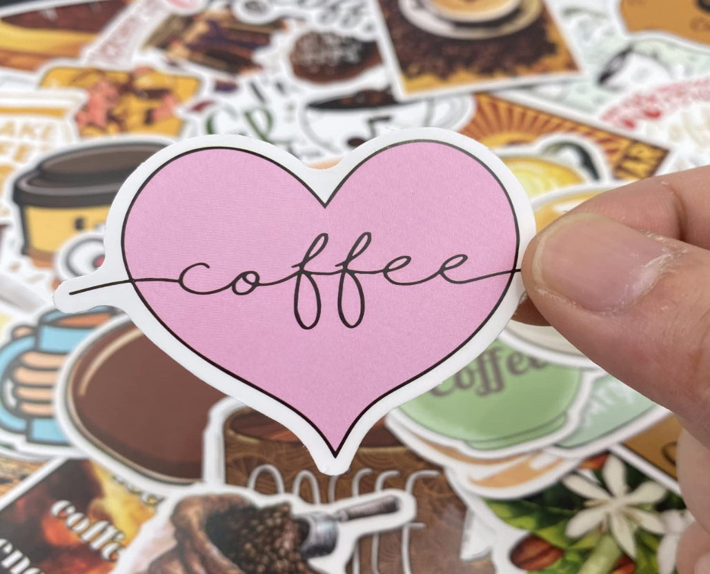 50 Pieces Coffee Stickers - Vinyl Coffee Bottle Sticker Pack for Gifts and Parties