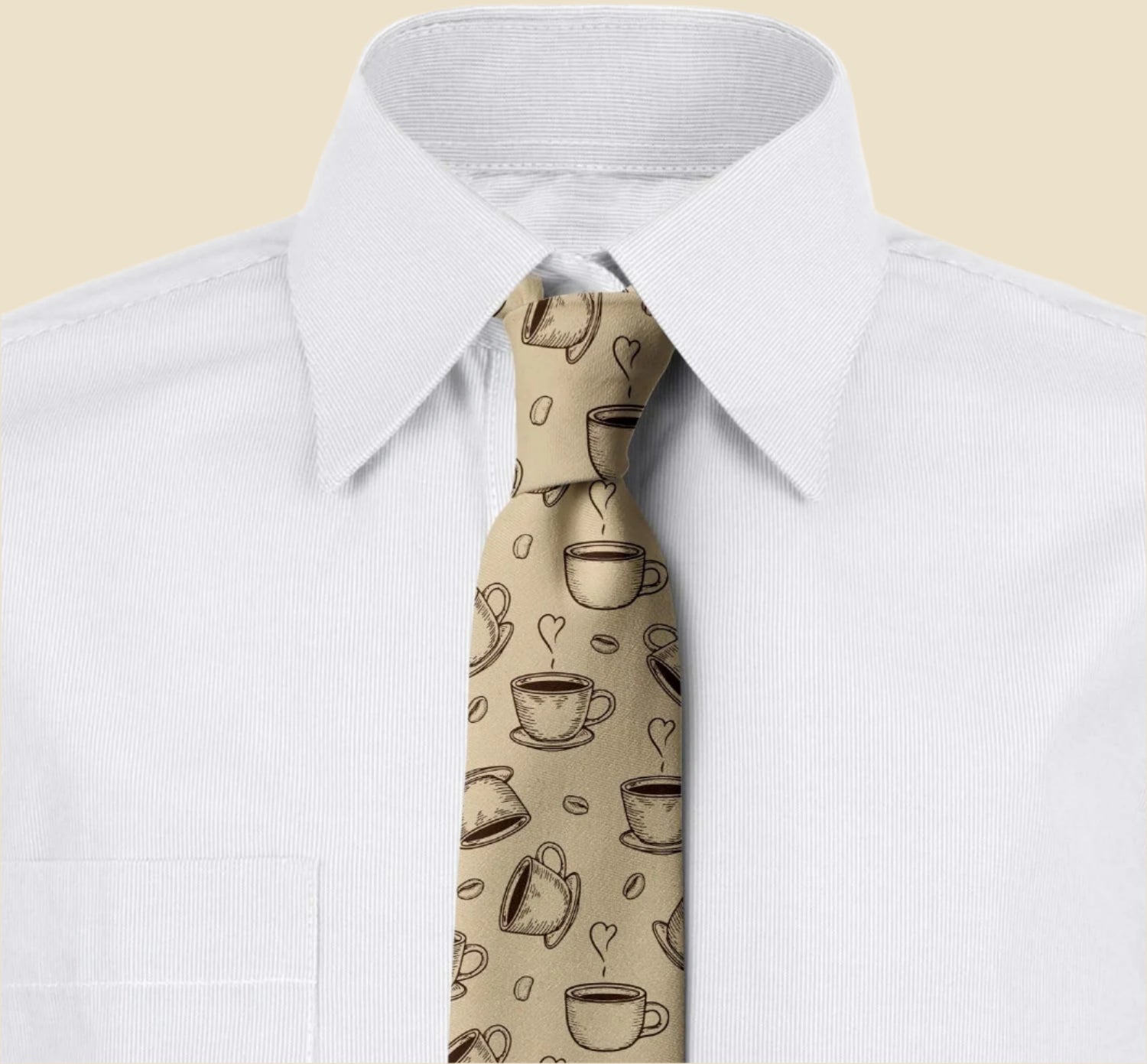 Necktie, Sketchy Coffee Cups Beans, 3.7", Beige Brown
