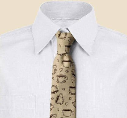 Necktie, Sketchy Coffee Cups Beans, 3.7", Beige Brown