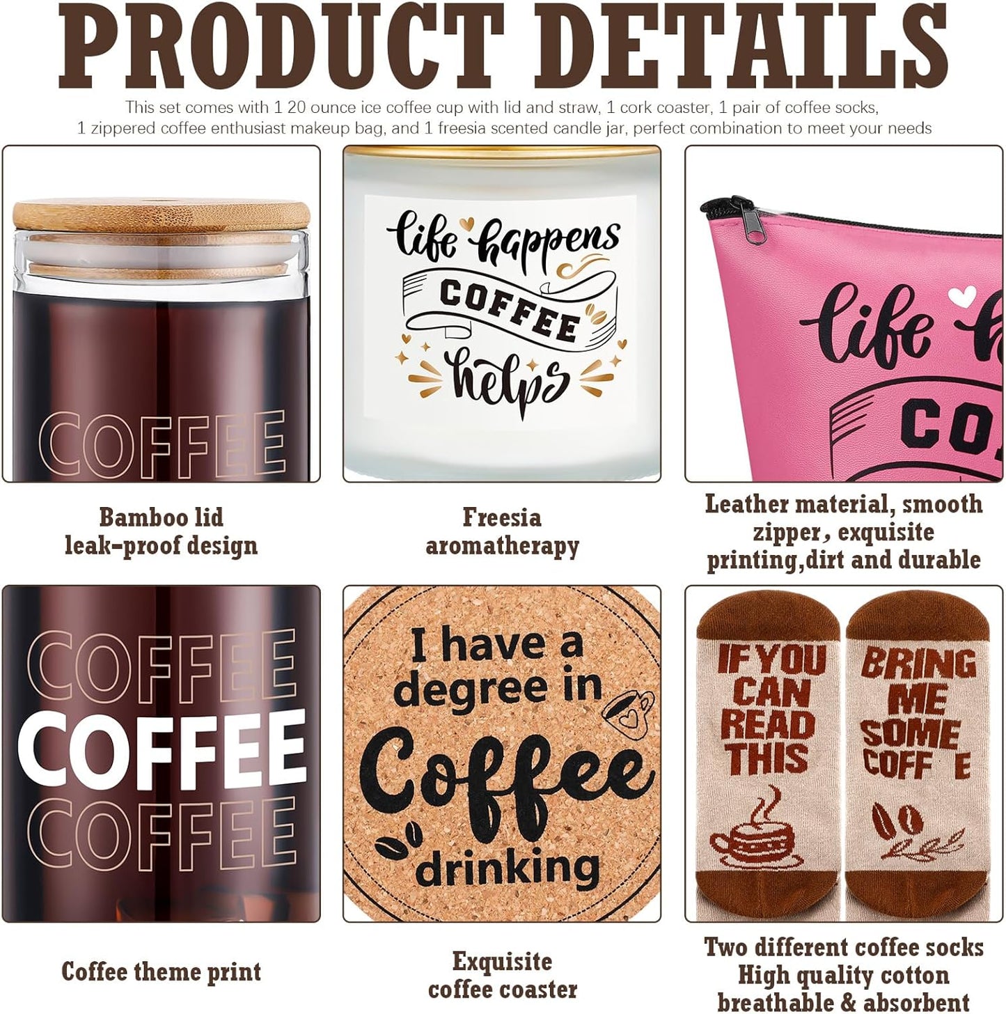  Coffee Lovers Gifts Set - 20 Oz Iced Drink Cups with Lids and Straws round Cork Coaster, Socks, Makeup Bag, Candle Jar