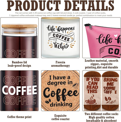  Coffee Lovers Gifts Set - 20 Oz Iced Drink Cups with Lids and Straws round Cork Coaster, Socks, Makeup Bag, Candle Jar