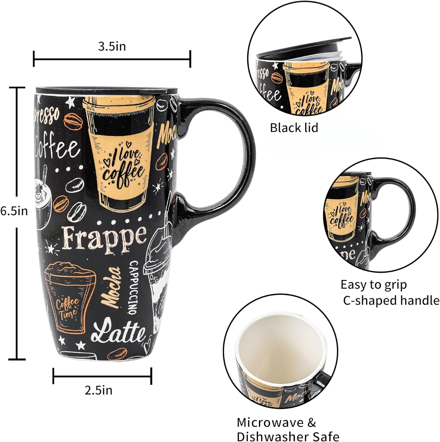 Ceramic Travel Mug with Handle Ceramic Coffee Mug Ceramic Latte Teacup in Color Box 17 Oz, Splash Resistant Lid - to Go Tumbler for Car Cup Holder, Frappe