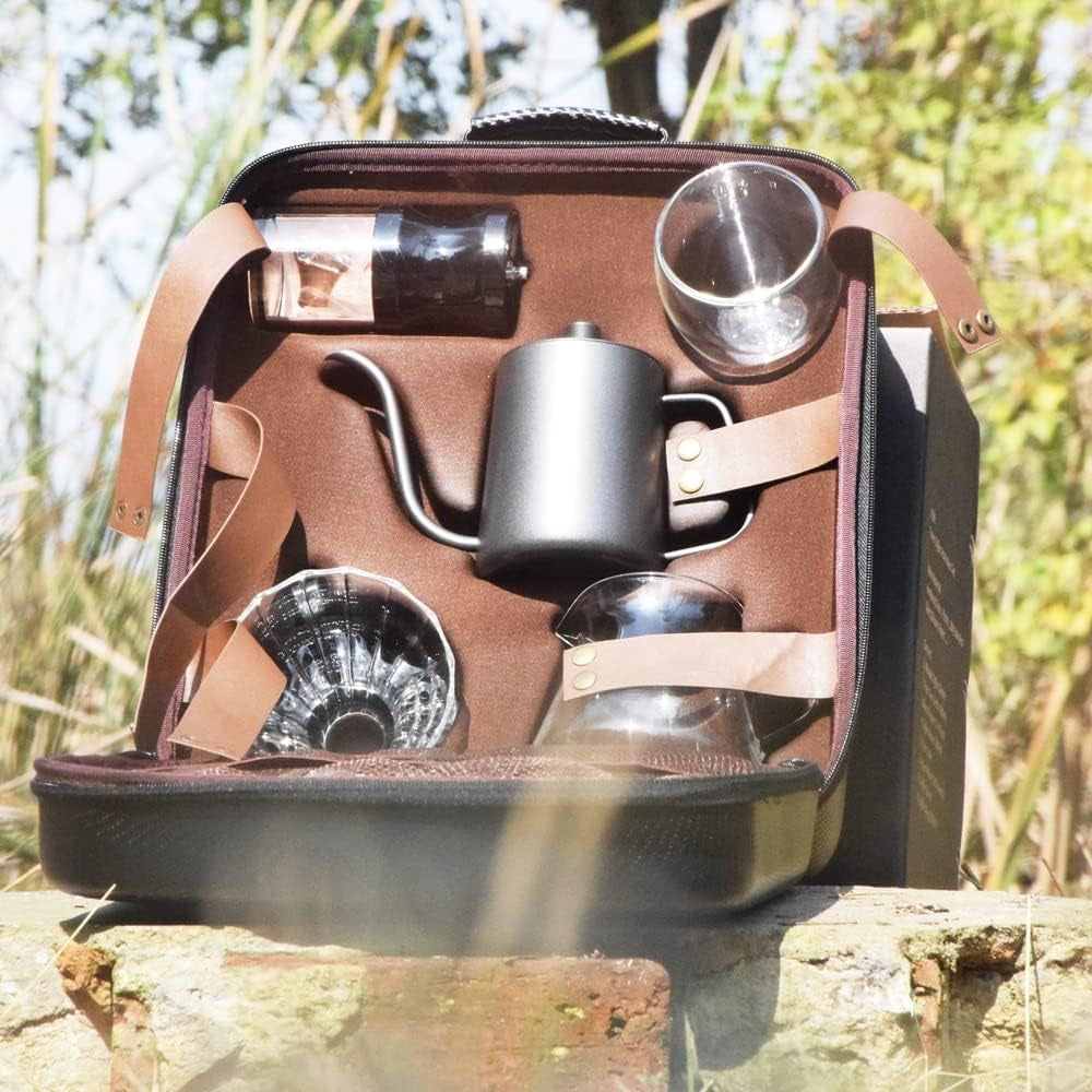 9-Piece Travel Coffee Gift Set with Goose Neck Kettle Digital Scale Double Walled Glass Mug Glass Server Manual Grinder Glass Dipper 100 Pcs Paper Filter and Scope for Drip Coffee