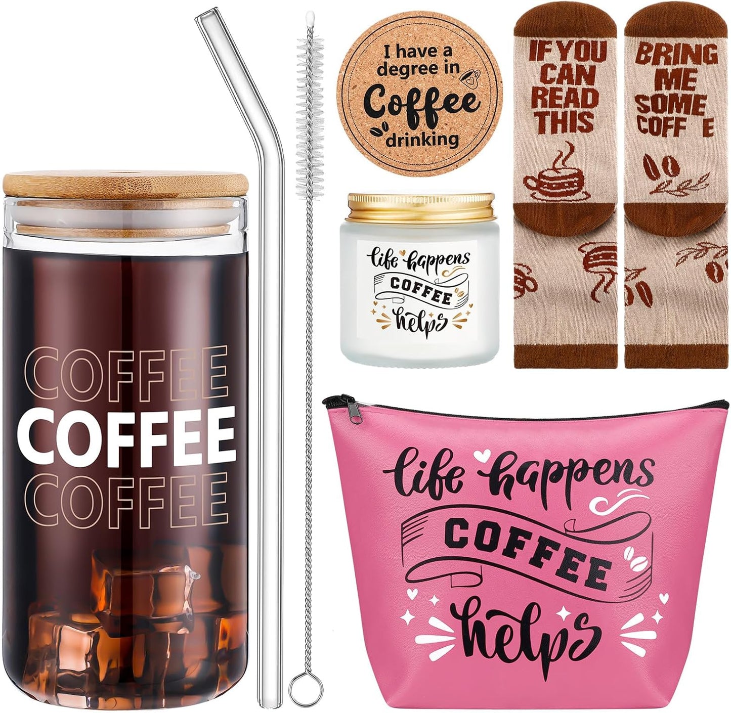  Coffee Lovers Gifts Set - 20 Oz Iced Drink Cups with Lids and Straws round Cork Coaster, Socks, Makeup Bag, Candle Jar