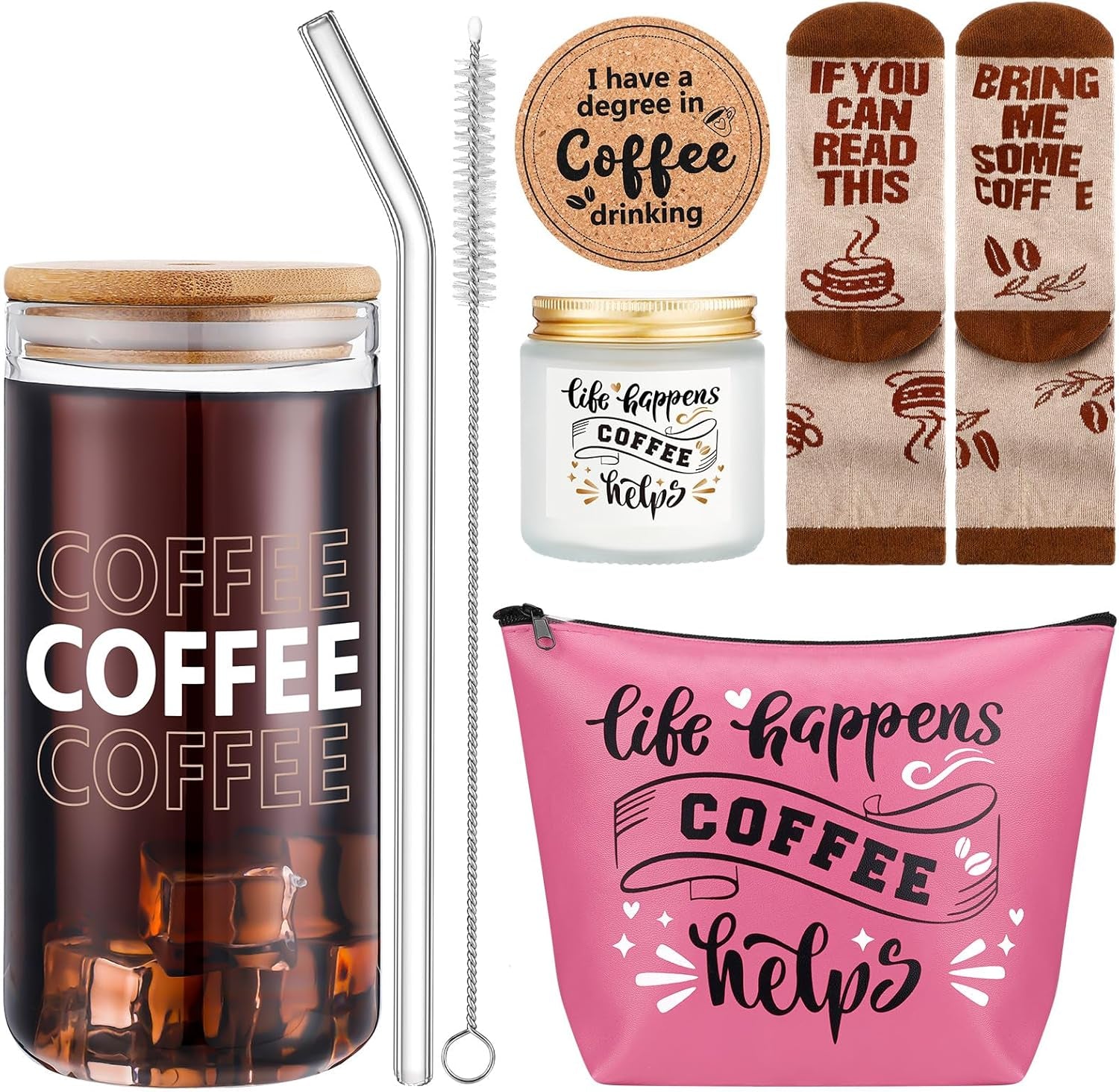  Coffee Lovers Gifts Set - 20 Oz Iced Drink Cups with Lids and Straws round Cork Coaster, Socks, Makeup Bag, Candle Jar