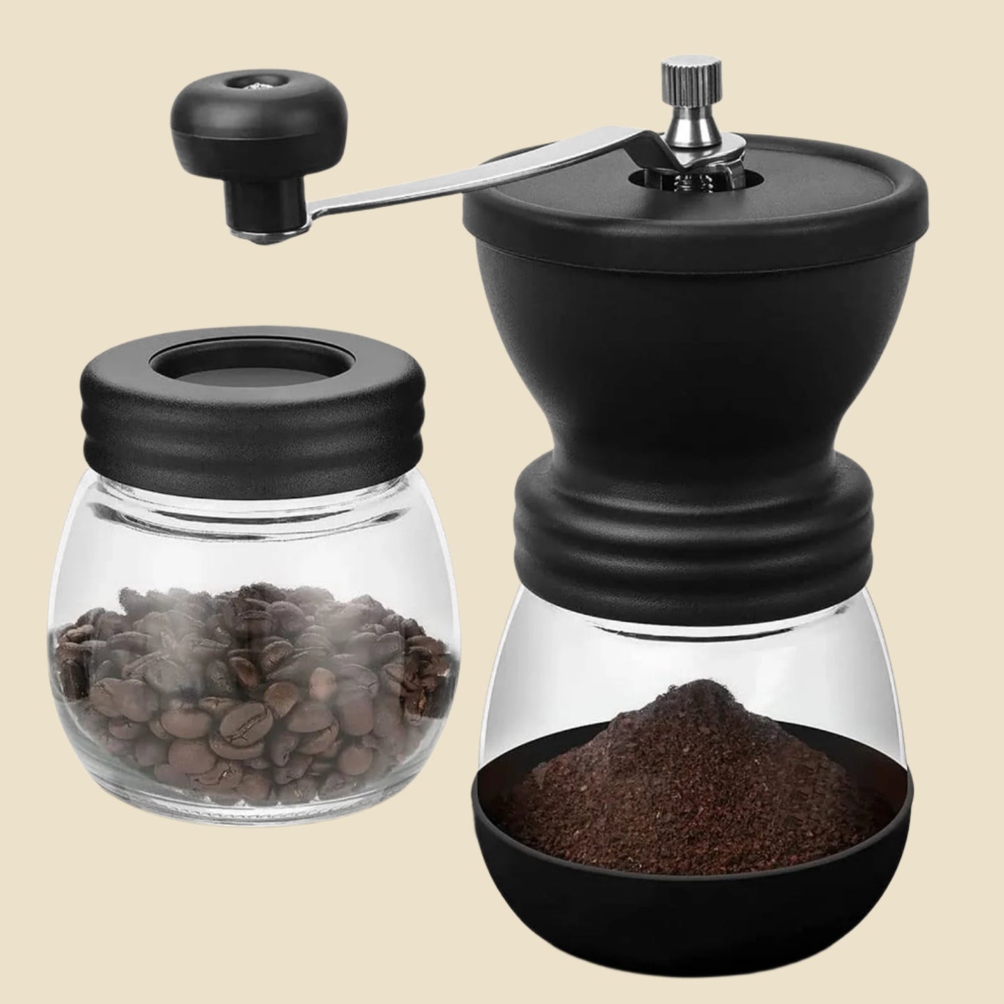 Manual Coffee Grinder with Ceramic Burr for Beans, Espresso, and Spices - Portable Hand Crank Mill with 2 Glass Jars (11Oz Each)