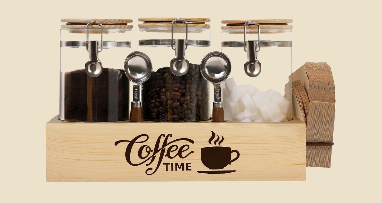 3-Piece Glass Coffee Canister Set with Shelf & Spoons – Airtight Storage
