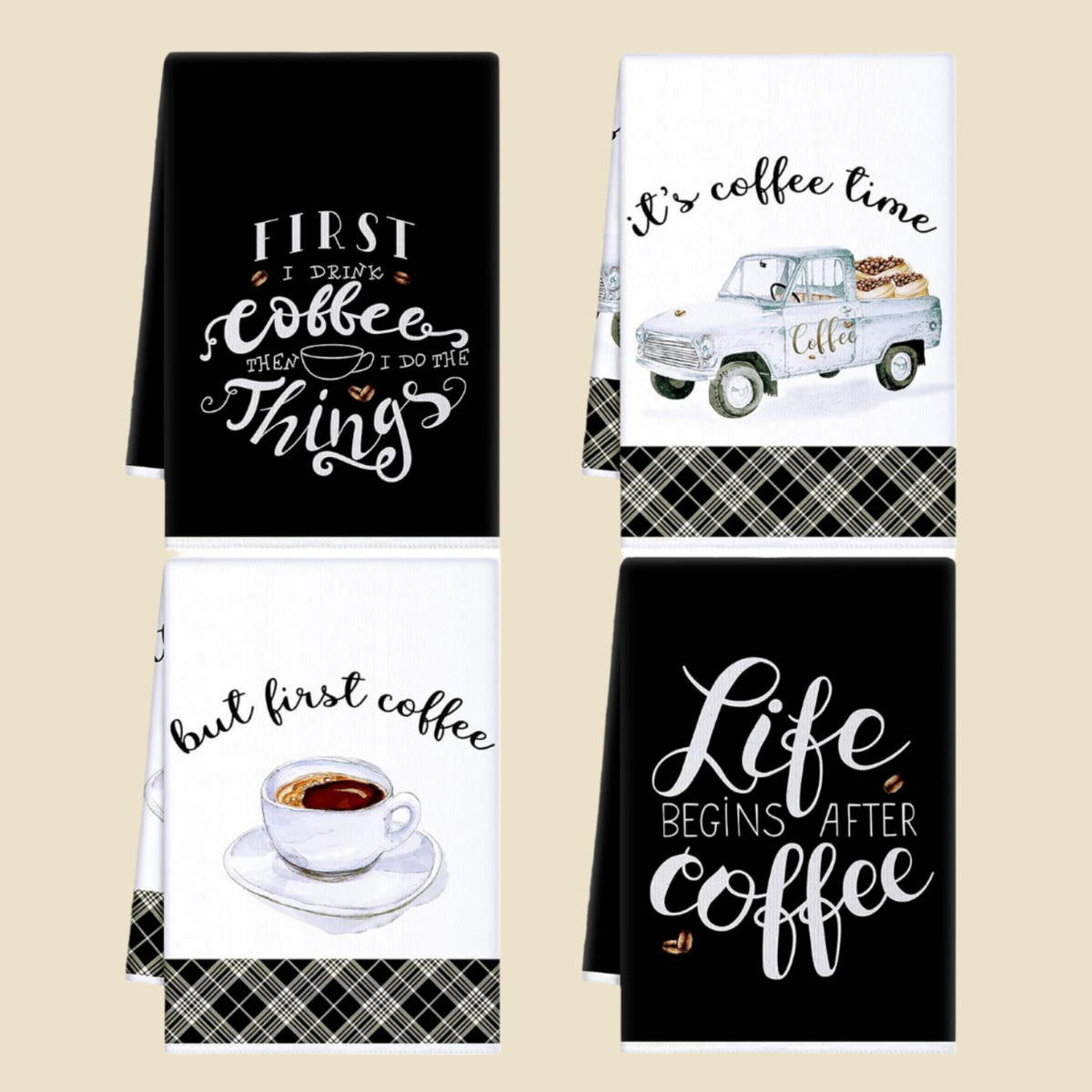 Set of 4 Coffee-Themed Kitchen Towels - Absorbent & Decorative