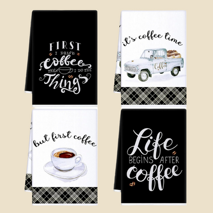 Set of 4 Coffee-Themed Kitchen Towels - Absorbent & Decorative