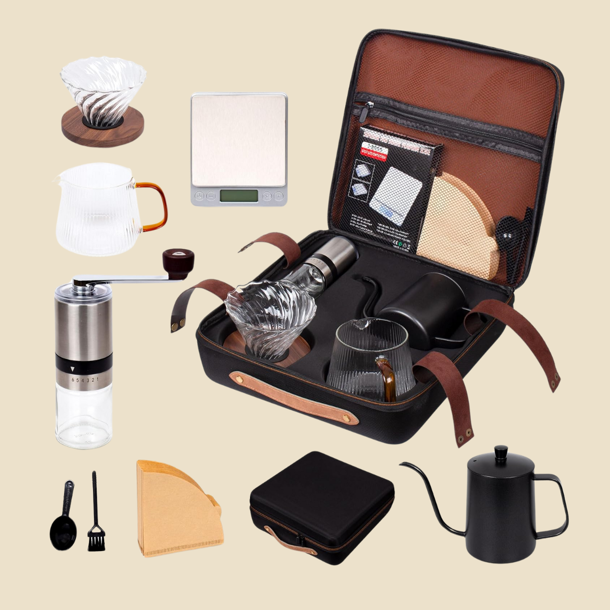 Outdoor Travel Coffee Set - Goose Neck Kettle, Grinder, Mug, Scale & Filters