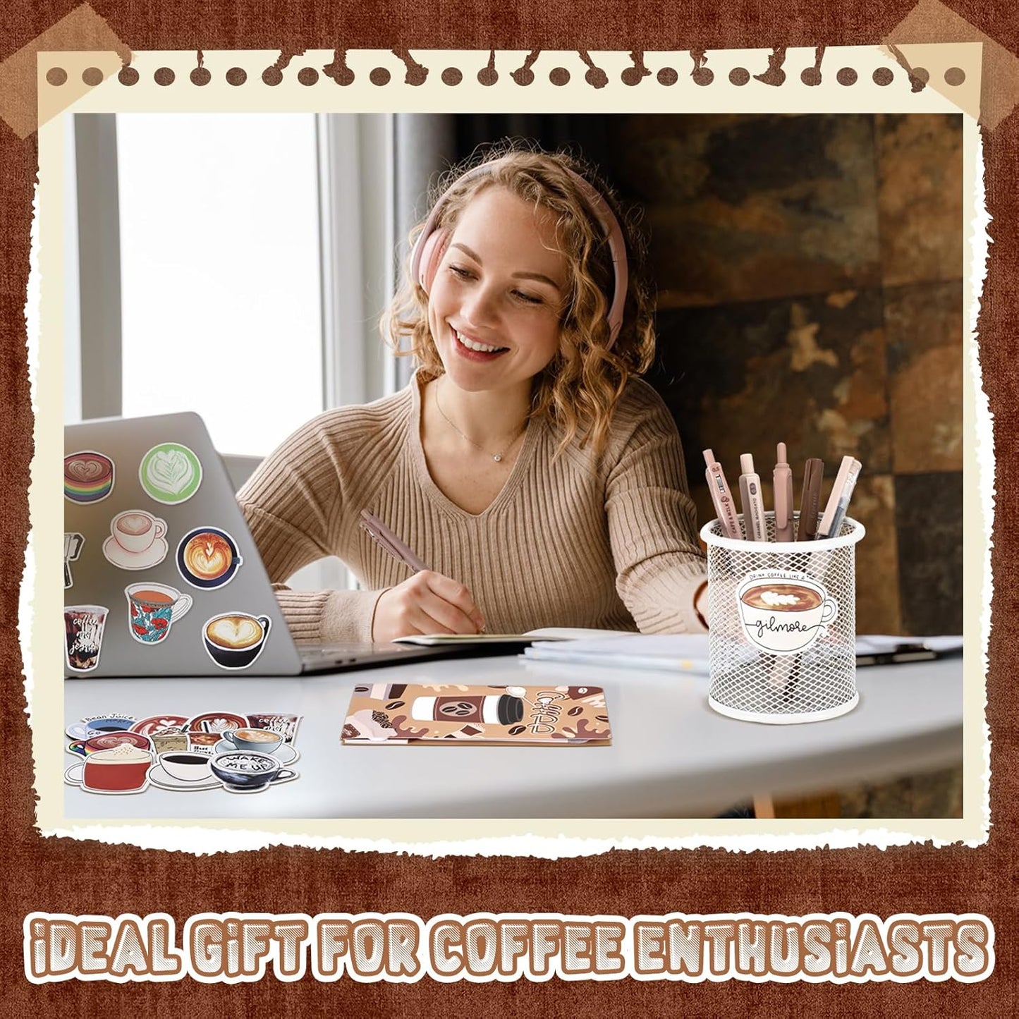 57 Pcs Coffee Themed Gifts for Coffee Lovers Aesthetic Coffee Stationery Set Includes 6 Pcs Black Ink Coffee Pens Sticky Note 50 Pcs Stickers Cute Coffee Stuff for Office School Supplies