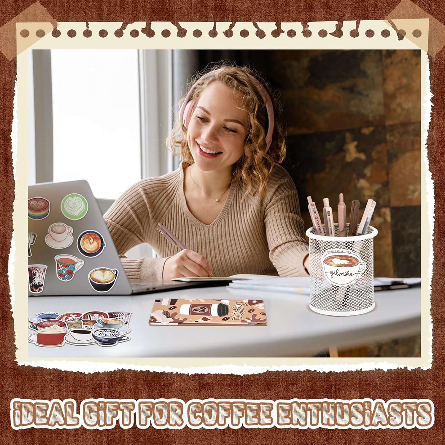 57 Pcs Coffee Themed Gifts for Coffee Lovers Aesthetic Coffee Stationery Set Includes 6 Pcs Black Ink Coffee Pens Sticky Note 50 Pcs Stickers Cute Coffee Stuff for Office School Supplies
