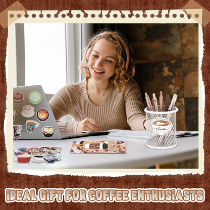 57 Pcs Coffee Themed Gifts for Coffee Lovers Aesthetic Coffee Stationery Set Includes 6 Pcs Black Ink Coffee Pens Sticky Note 50 Pcs Stickers Cute Coffee Stuff for Office School Supplies