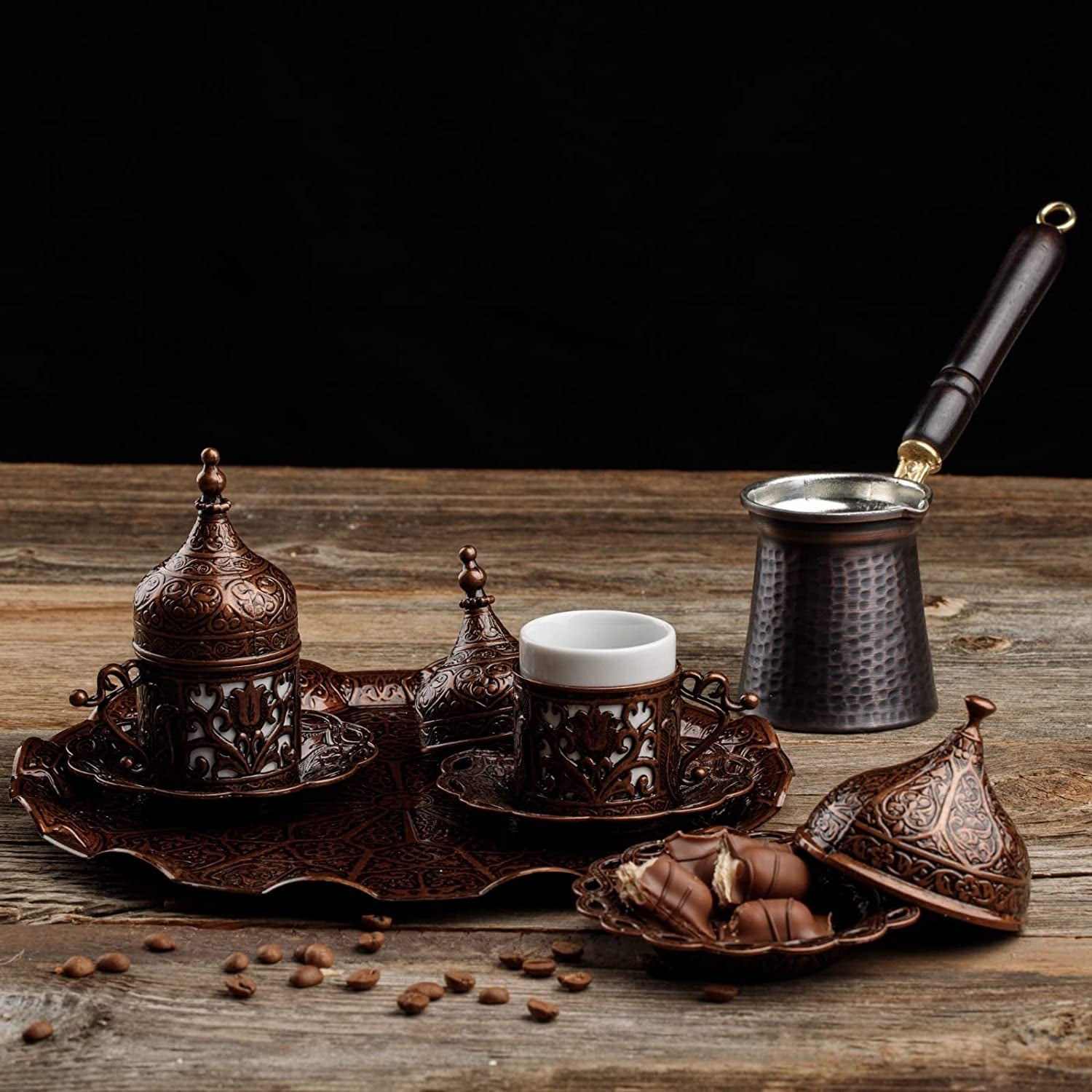 Turkish Greek Arabic Coffee Making and Serving Full Set with Cups, Saucers, Lids, Sugar Bowl, Tray and Antiqued Copper Coffee Pot, 12 Pcs (Antique Brass)