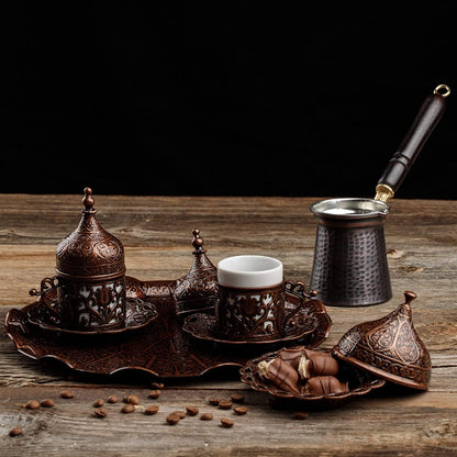 Turkish Greek Arabic Coffee Making and Serving Full Set with Cups, Saucers, Lids, Sugar Bowl, Tray and Antiqued Copper Coffee Pot, 12 Pcs (Antique Brass)