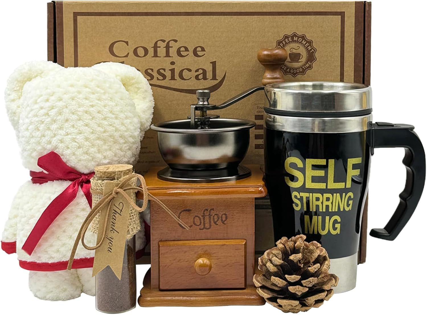 French Coffee Kit, Coffee Utensils, Manual Coffee Grinder and Self-Stirring Mug, Antique Style Coffee Gift Box, Coffee Lover Gifts, Thanksgiving Day Coffee Gift (Brown)