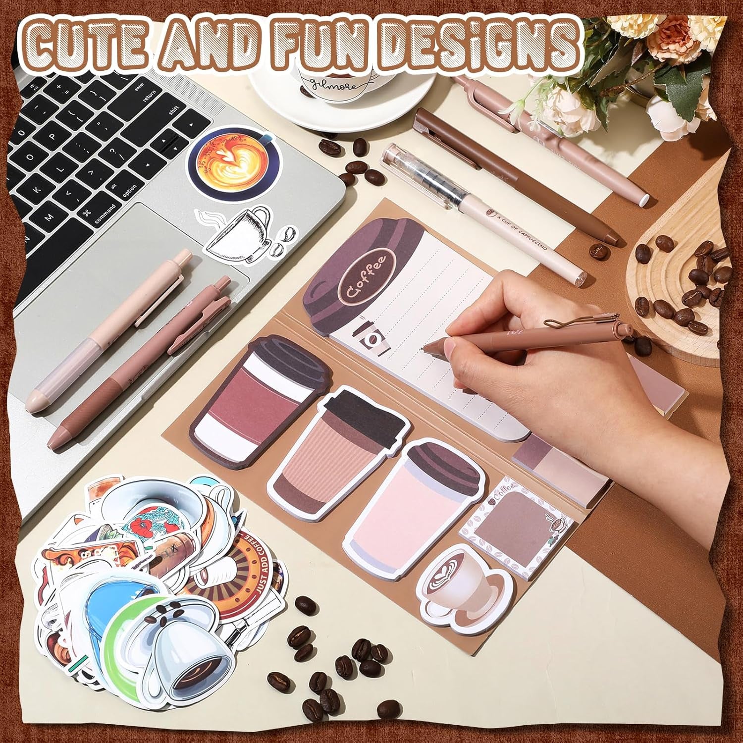 57 Pcs Coffee Themed Gifts for Coffee Lovers Aesthetic Coffee Stationery Set Includes 6 Pcs Black Ink Coffee Pens Sticky Note 50 Pcs Stickers Cute Coffee Stuff for Office School Supplies