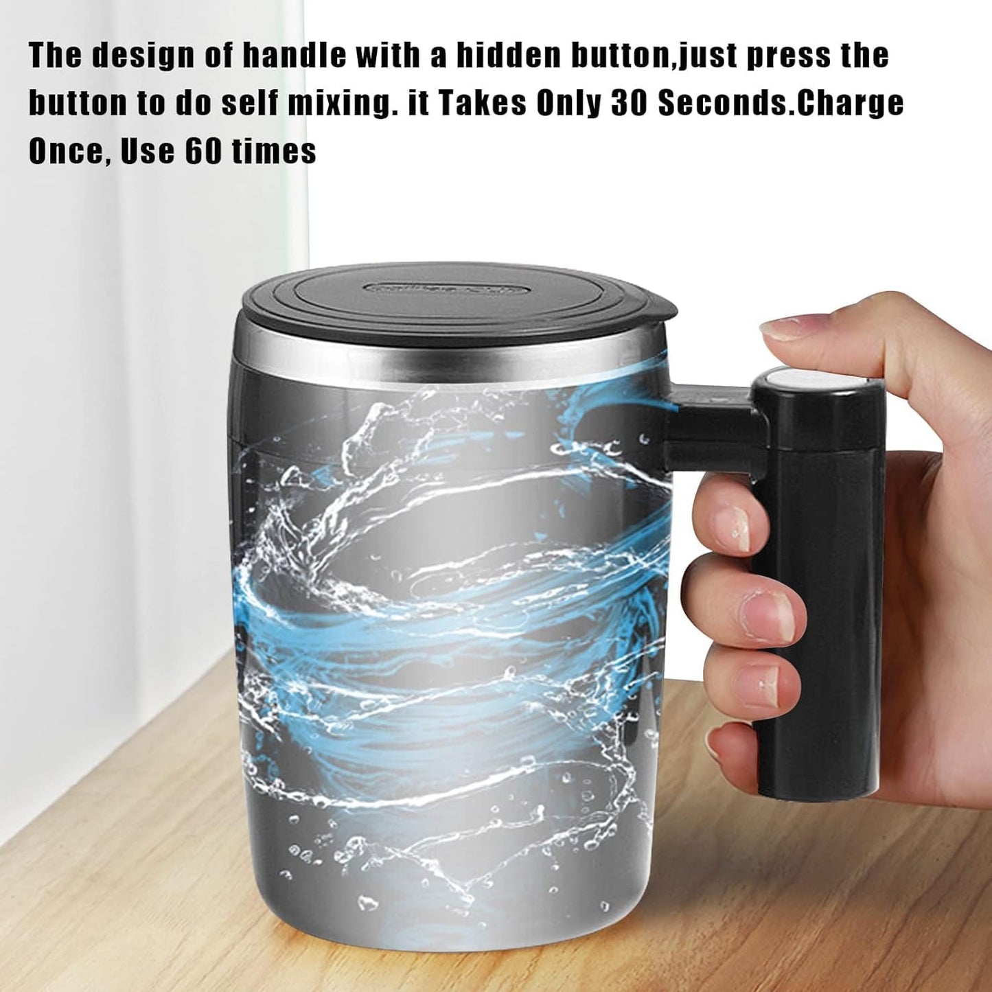 Self Stirring Mug,Rechargeable Auto Magnetic Coffee Mug with 2Pc Stir Bar,Waterproof Automatic Mixing Cup for Milk/Cocoa at Office/Kitchen/Travel 14Oz Best Gift - Black