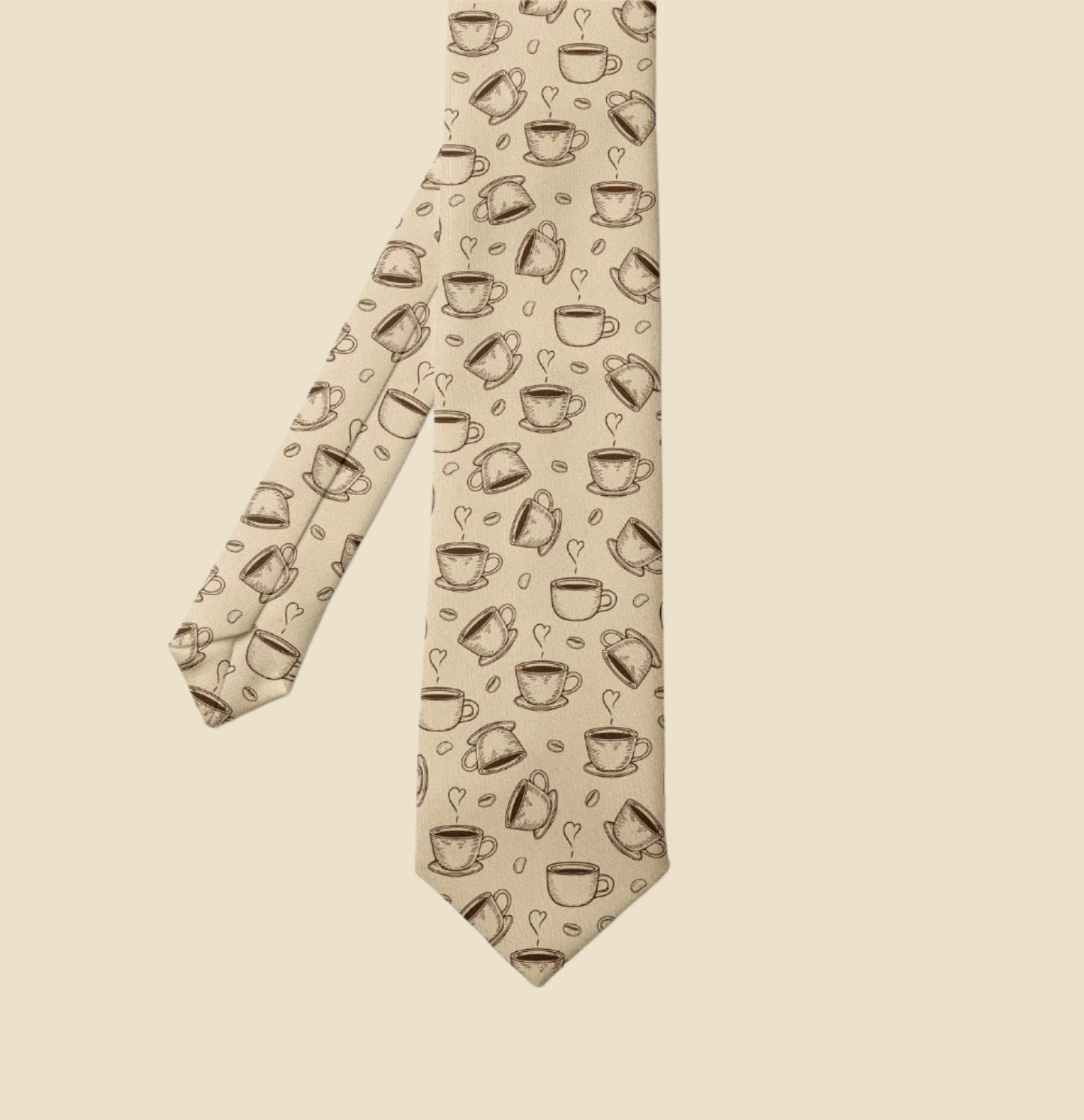 Necktie, Sketchy Coffee Cups Beans, 3.7", Beige Brown