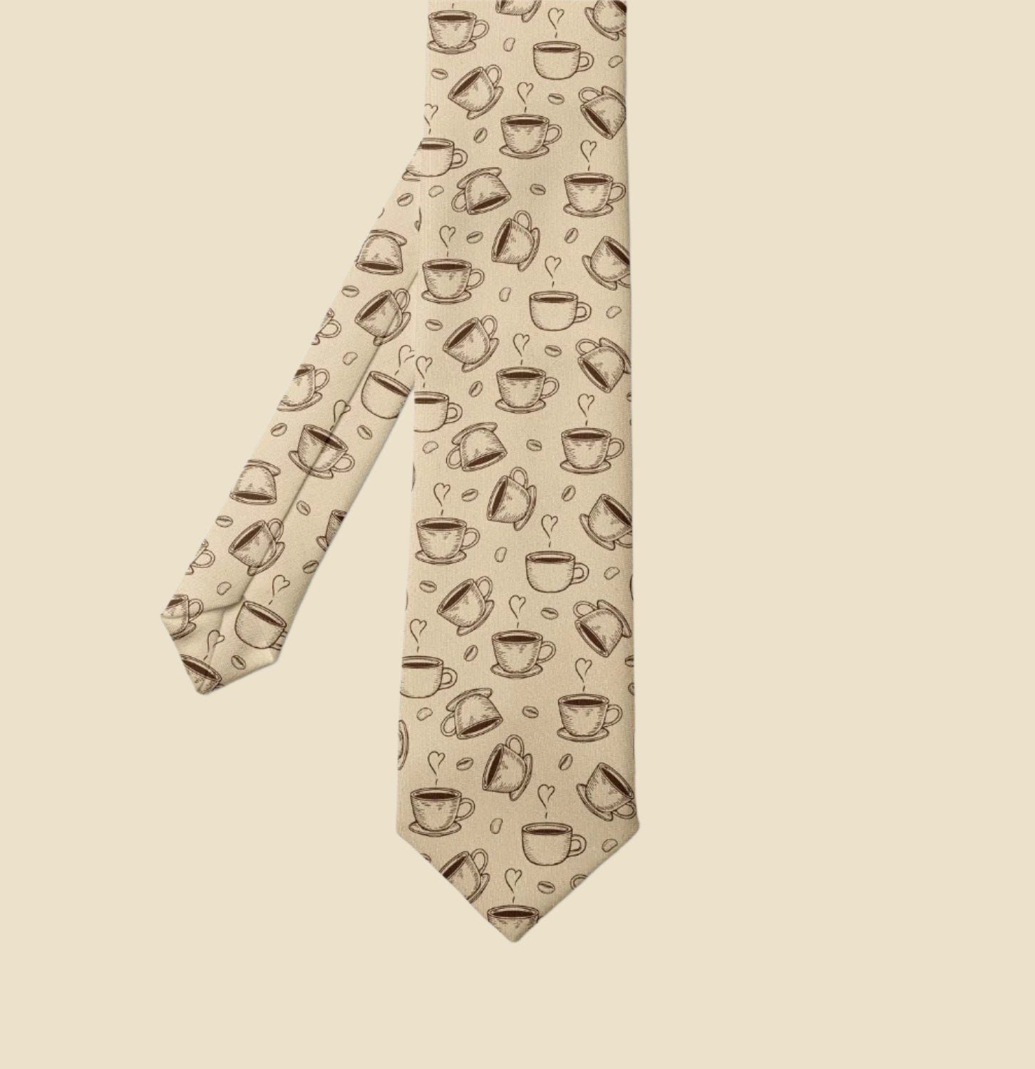 Necktie, Sketchy Coffee Cups Beans, 3.7", Beige Brown