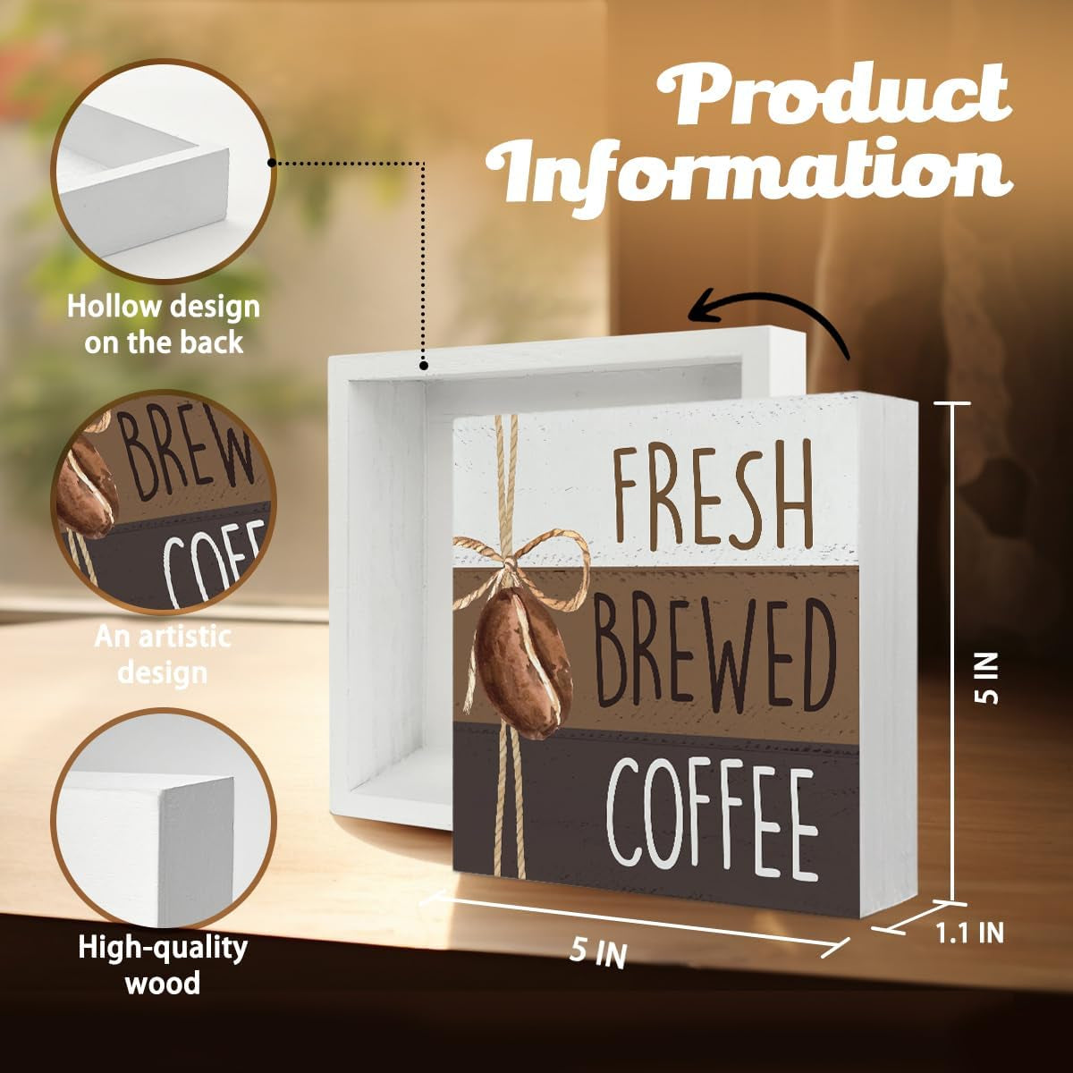 Coffee Bar Decor, Coffee Table Accessories, Coffee Wood Signs Decor for Coffee Bar, Fresh Brewed Coffee Wooden Box Block Sign Decorations, 5X5