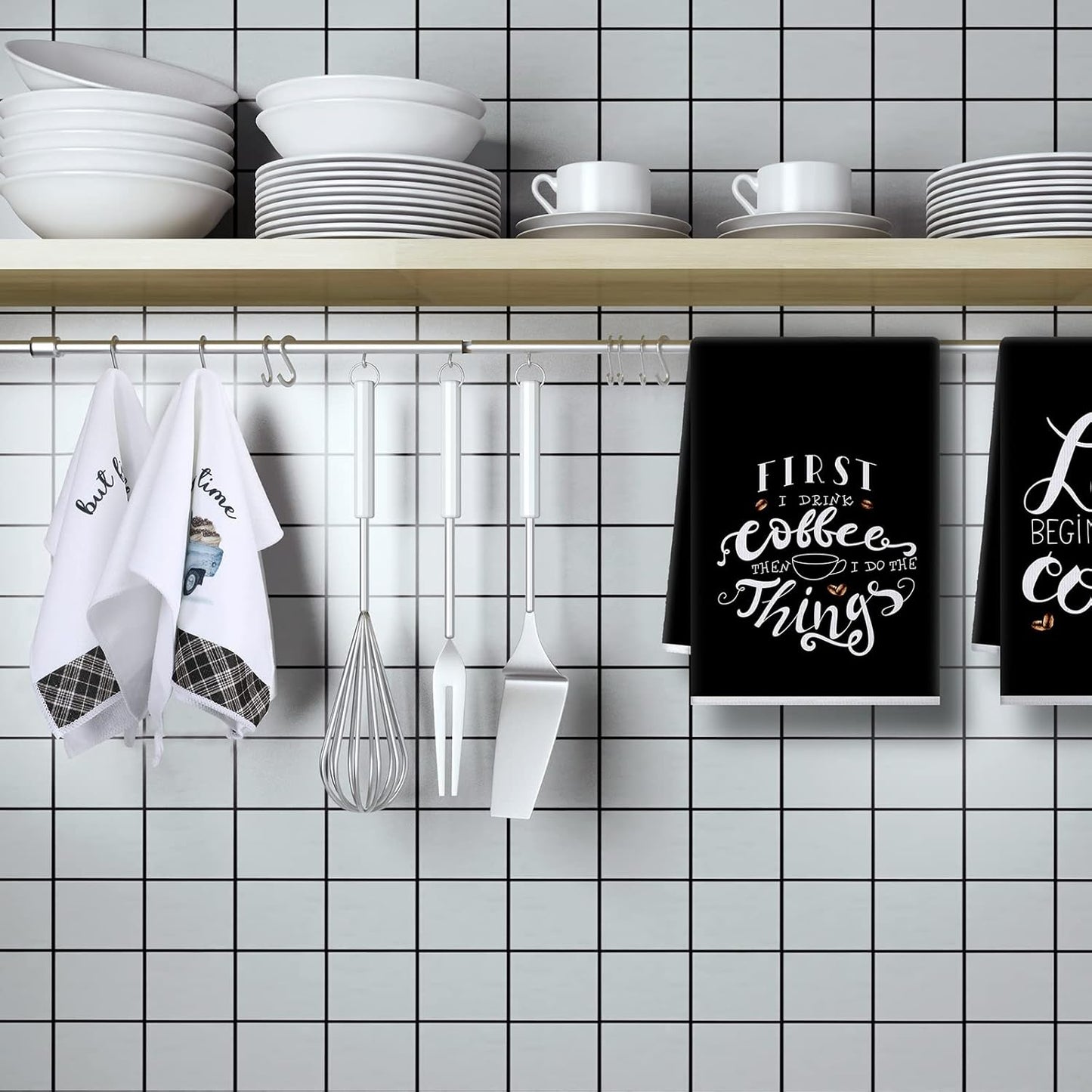 4 Pieces Kitchen Towels, Coffee Kitchen Hand Towels, Dish Towels, Absorbent Decorative Dish Cloths, for Farmhouse Housewarming (Mainly Black,Truck Style)