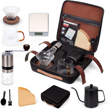 Outdoor Travel Coffee Gift Set with Goose Neck Kettle Digital Scale Walled Glass Mug Glass Server Manual Grinder Glass Dipper 100 Pcs Paper Filter and Scope for Drip