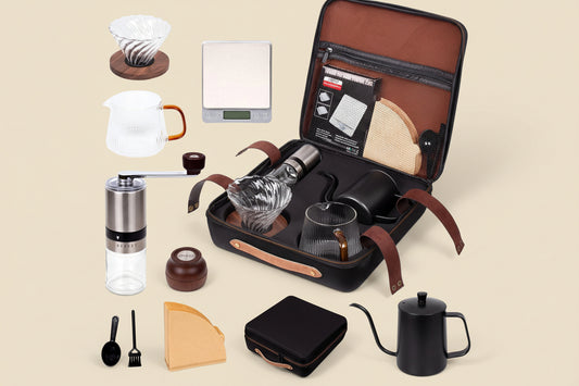 Outdoor Travel Coffee Gift Set with Goose Neck Kettle, Digital Scale, Walled Glass Mug, Manual Grinder, Glass Dipper, 100 Pcs Paper Filter and Scope for Drip