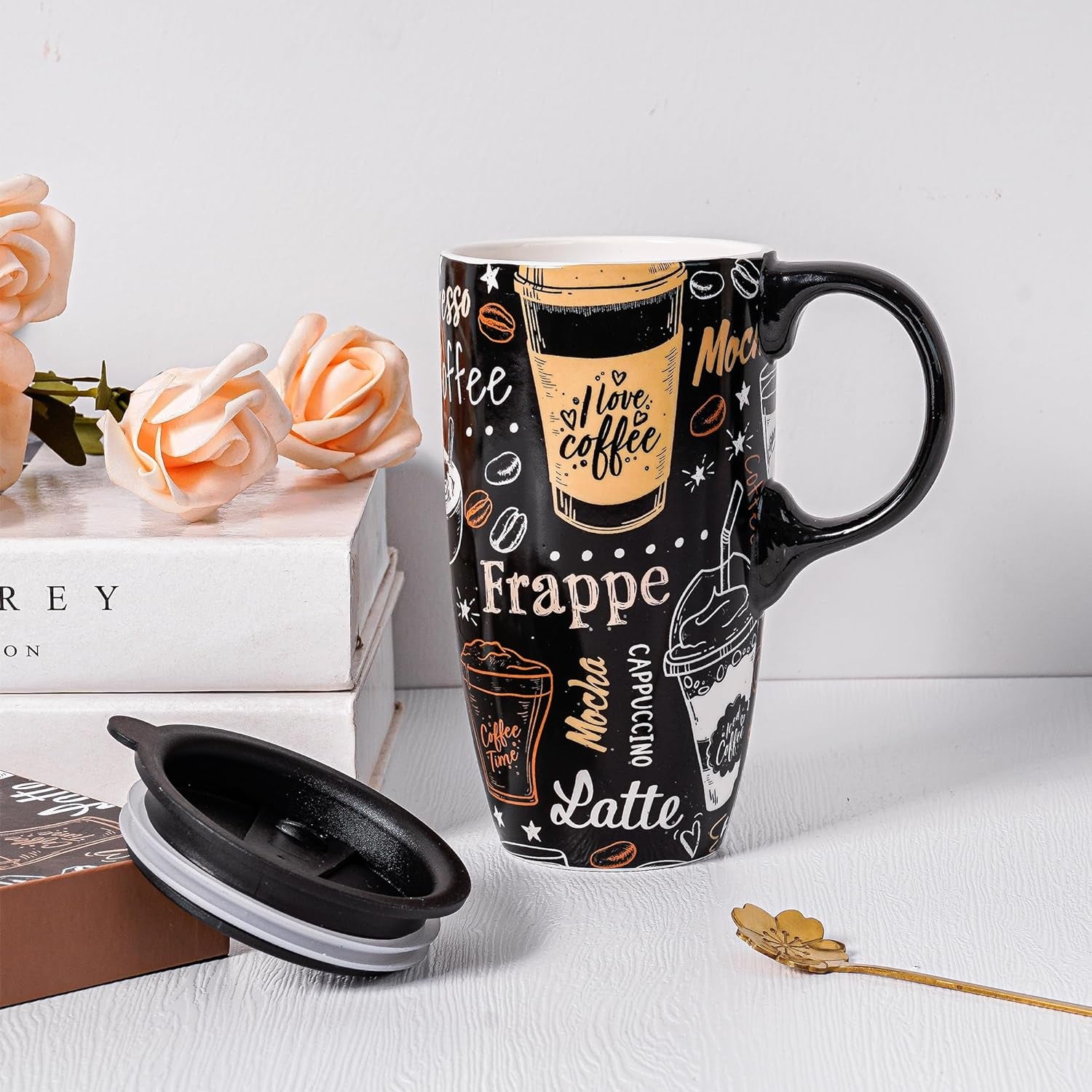 Ceramic Travel Mug with Handle Ceramic Coffee Mug Ceramic Latte Teacup in Color Box 17 Oz, Splash Resistant Lid - to Go Tumbler for Car Cup Holder, Frappe