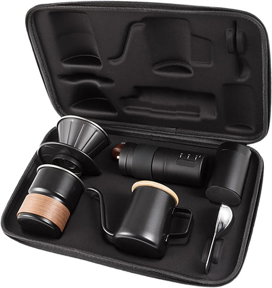 Portable Hand Coffee Maker Set for Camping Travel, Stainless Steel Manual Coffee Kit with Hand Grinder, 350Ml Pour over Kettle, Filter Cup, Cup and Scoop，Suitable for Family Travel and Camping 