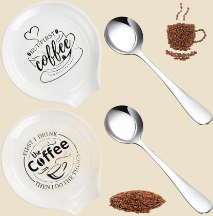 4 Pieces Coffee Spoon Rest and Spoon Funny Coffee Quote Ceramic Coffee Spoon Holder Rests for Coffee Station Decor Stove Top Countertop Kitchen Accessories Nice Present for Coffee Lovers