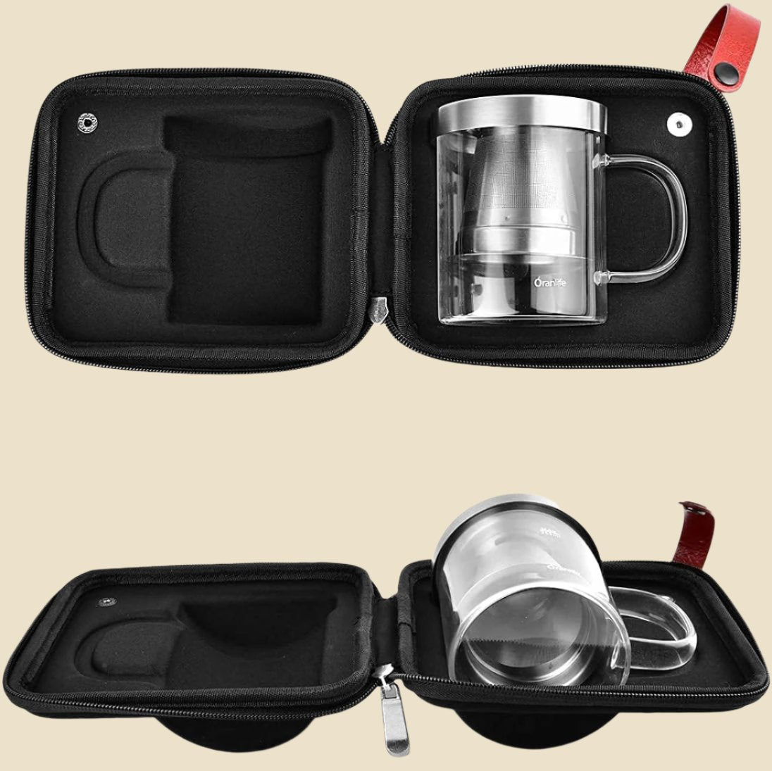 Pour over Coffee Maker Set for Travel/Camping/Hiking, Single Cup, Stainless Steel Coffee Filter, 14 Oz Borosilicate Glass Mug, Extra Permanent Lid and Moulded Neoprene Case, at Home/Office
