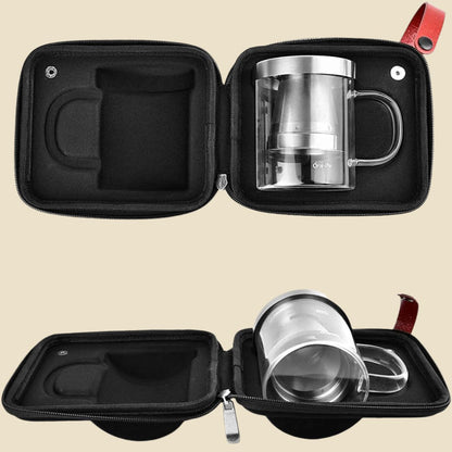 Pour over Coffee Maker Set for Travel/Camping/Hiking, Single Cup, Stainless Steel Coffee Filter, 14 Oz Borosilicate Glass Mug, Extra Permanent Lid and Moulded Neoprene Case, at Home/Office