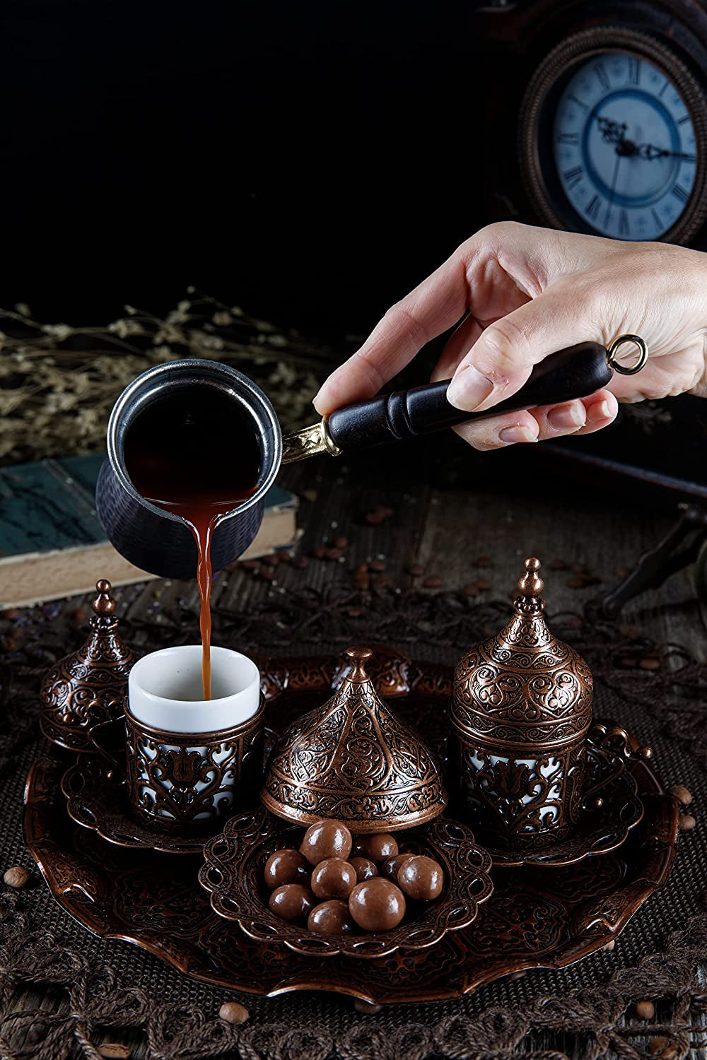 Turkish Greek Arabic Coffee Making and Serving Full Set with Cups, Saucers, Lids, Sugar Bowl, Tray and Antiqued Copper Coffee Pot, 12 Pcs (Antique Brass)
