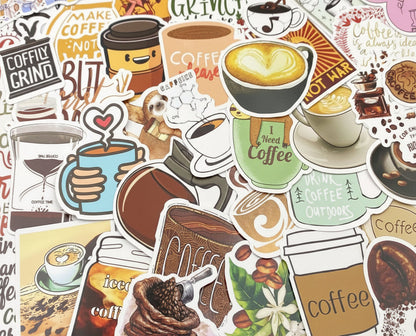 50 Pieces Coffee Stickers - Vinyl Coffee Bottle Sticker Pack for Gifts and Parties