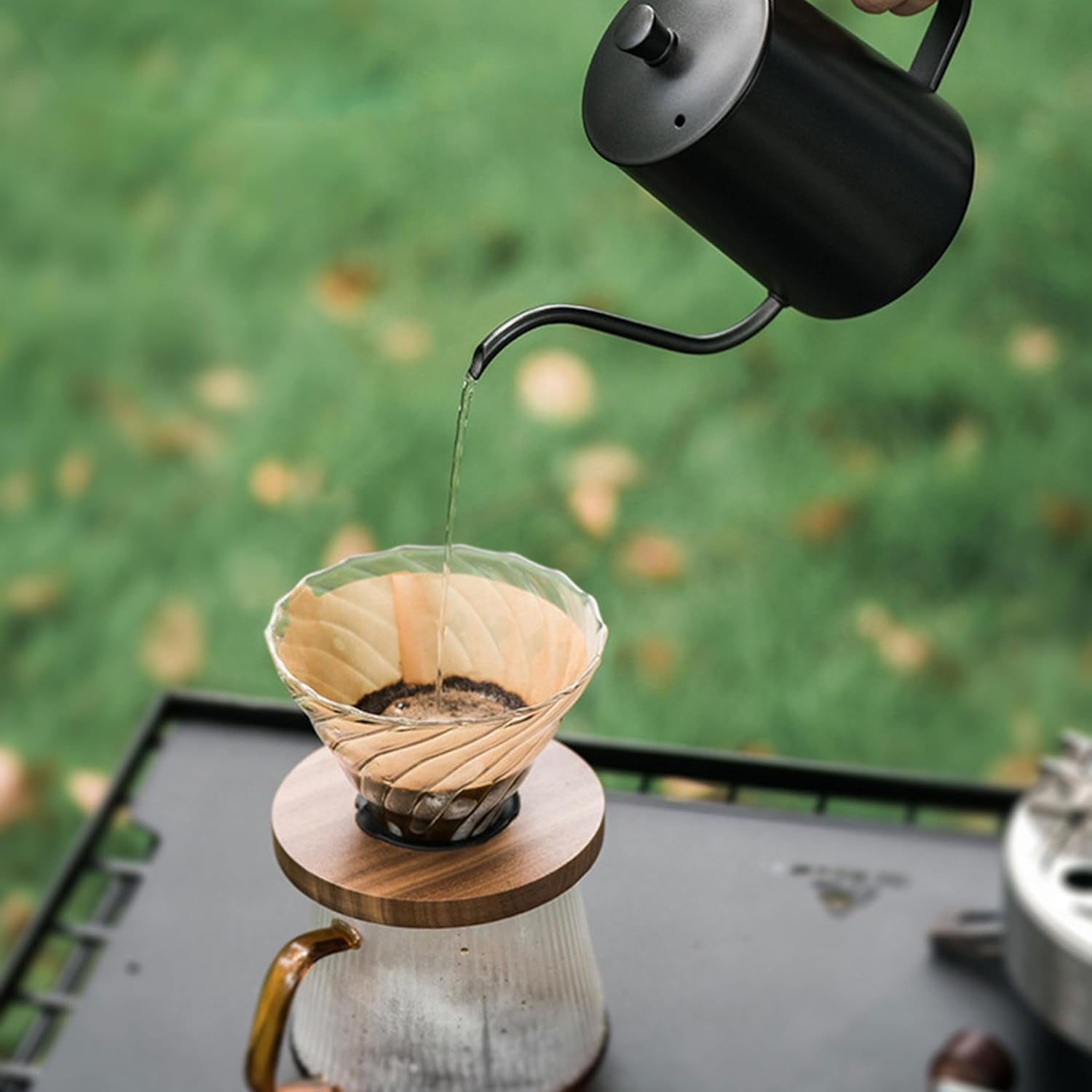 Outdoor Travel Coffee Gift Set with Goose Neck Kettle Digital Scale Walled Glass Mug Glass Server Manual Grinder Glass Dipper 100 Pcs Paper Filter and Scope for Drip