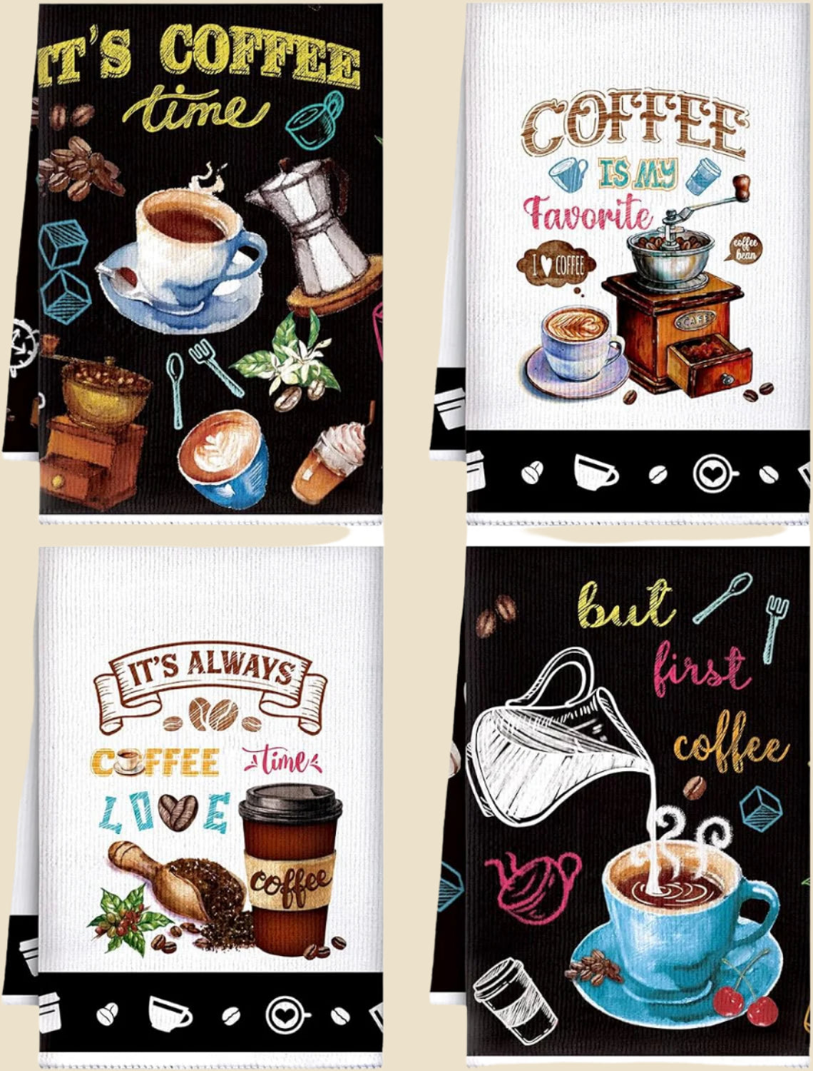 4 Pieces Kitchen Towels, Coffee Kitchen Hand Towels, Dish Towels, Absorbent Decorative Dish Cloths, for Farmhouse Housewarming (Mainly Black,Truck Style)