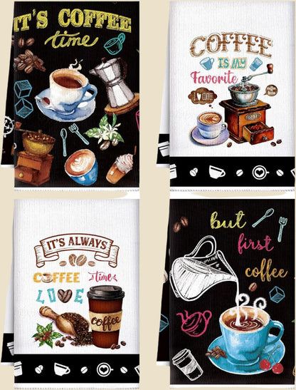 4 Pieces Kitchen Towels, Coffee Kitchen Hand Towels, Dish Towels, Absorbent Decorative Dish Cloths, for Farmhouse Housewarming (Mainly Black,Truck Style)