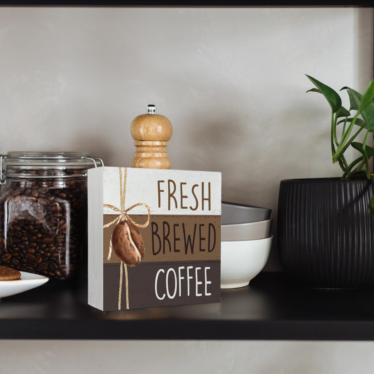 Coffee Bar Decor, Coffee Table Accessories, Coffee Wood Signs Decor for Coffee Bar, Fresh Brewed Coffee Wooden Box Block Sign Decorations, 5X5