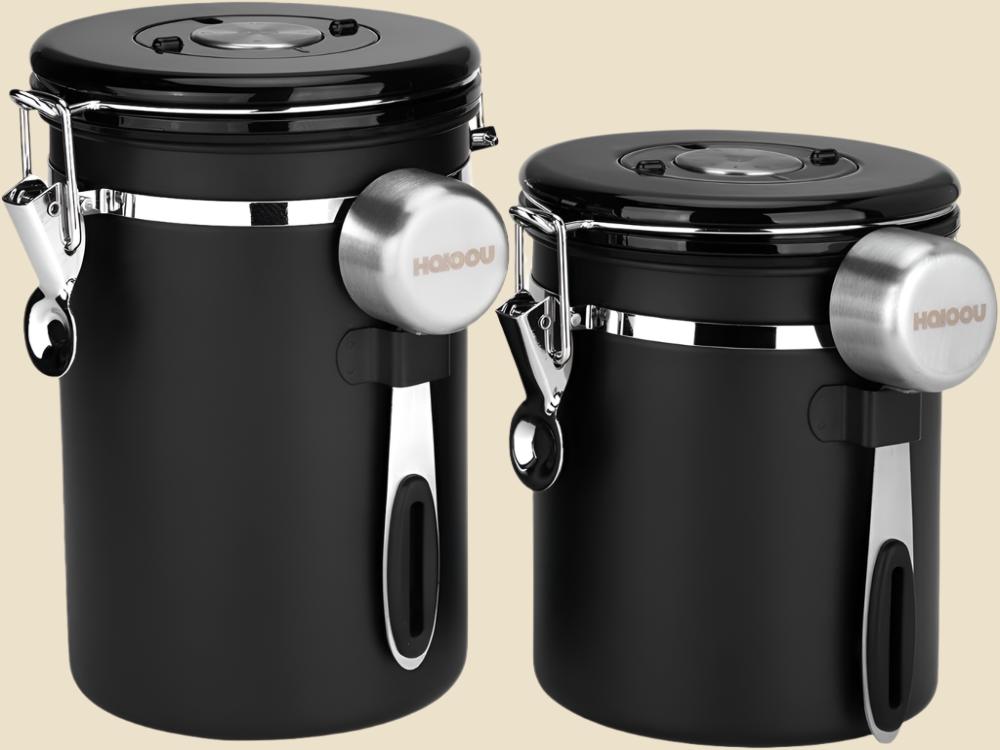 Airtight Coffee Canister, 22OZ Large Stainless Steel Coffee Bean Storage Container with Date Tracker, Measuring Scoop, 6Pcs CO2 Valves and Mini Tongs for Beans, Grounds, Sugar and More - Black