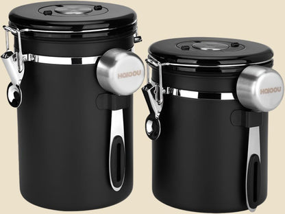 Airtight Coffee Canister, 22OZ Large Stainless Steel Coffee Bean Storage Container with Date Tracker, Measuring Scoop, 6Pcs CO2 Valves and Mini Tongs for Beans, Grounds, Sugar and More - Black