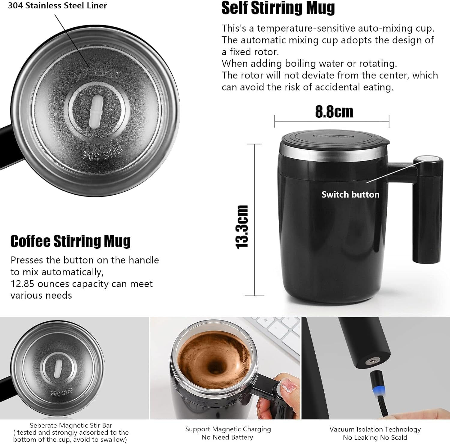 Self Stirring Mug,Rechargeable Auto Magnetic Coffee Mug with 2Pc Stir Bar,Waterproof Automatic Mixing Cup for Milk/Cocoa at Office/Kitchen/Travel 14Oz Best Gift - Black
