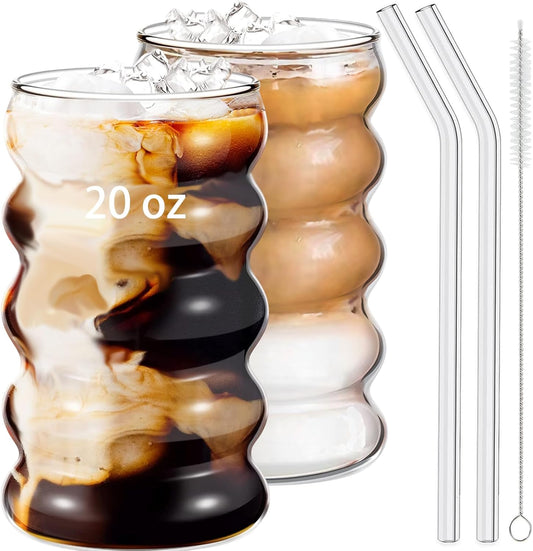 2/4 Pcs 20Oz Drinking Glasses Set with Straws, Cute Iced Coffee Glass Cups, with Straw Brush