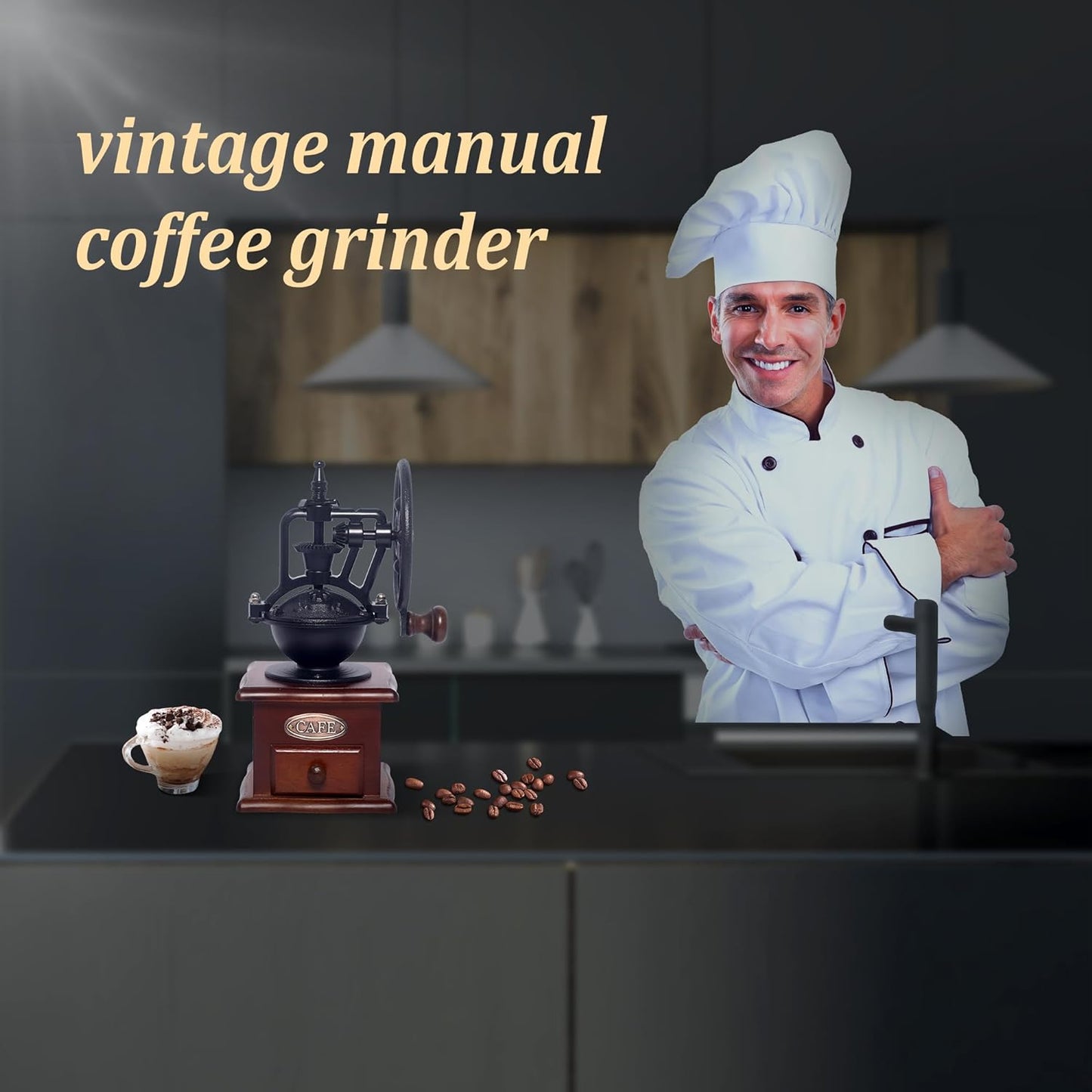 Manual Coffee Grinder Vintage Wooden Coffee Bean Grinder Hand Grinder Roller Antique Coffee Mill for Making Mesh Coffee Classic French Press for Decoration (Quadrilateral)